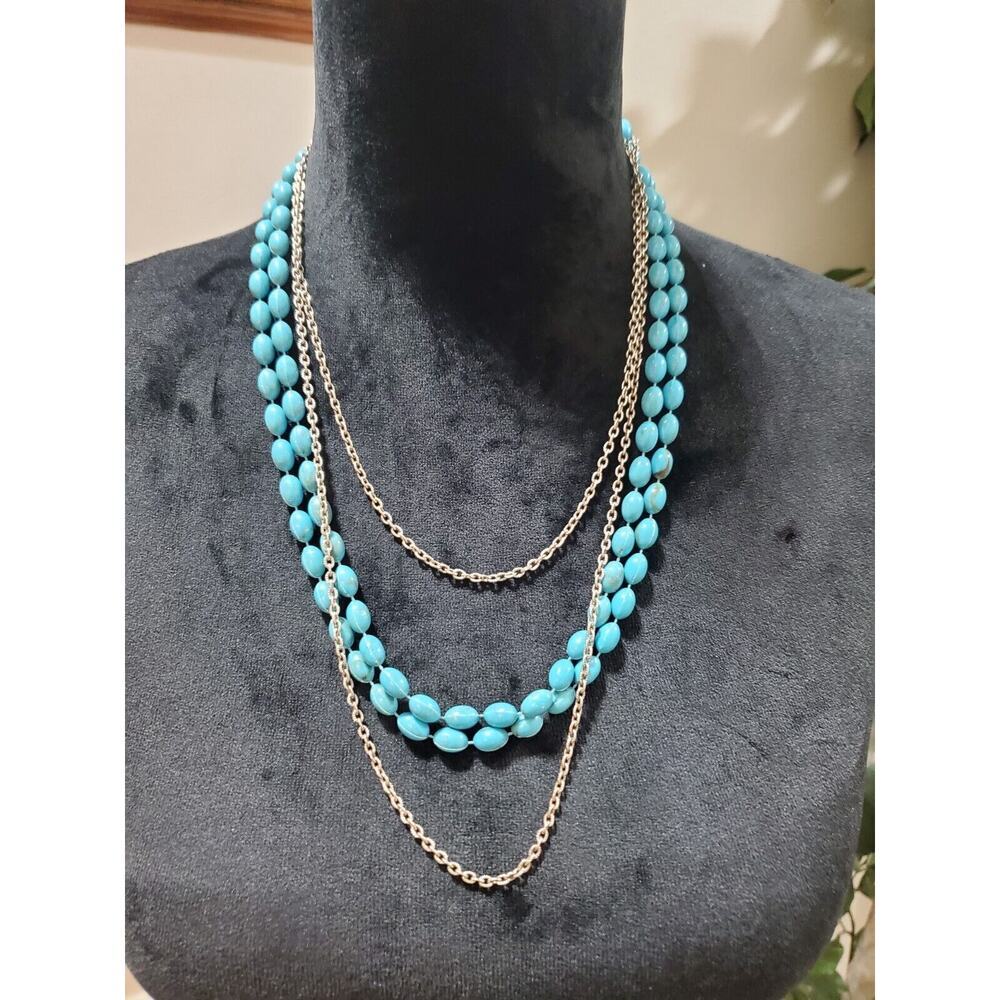Women's Blue Beaded Silver Tone Stylish Extra Long Necklace